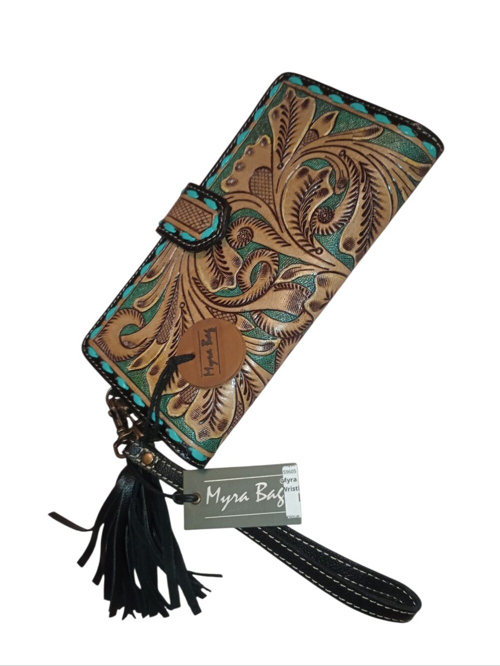 Myra Turquoise and Tan Tooled Leather Wristlet Wallet with Tassel, NWT